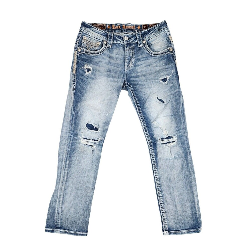 Rock Revival Norman Straight Distressed  Blue Jeans Tag 32x30 (36x30 Actual)